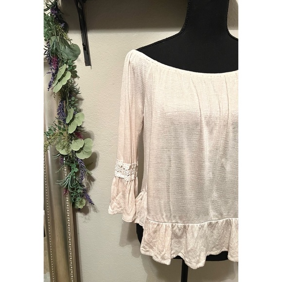 Altar’d State - Flowy Cream Off-Shoulder Top with Lace Trim Sleeves - Picture 2 of 4